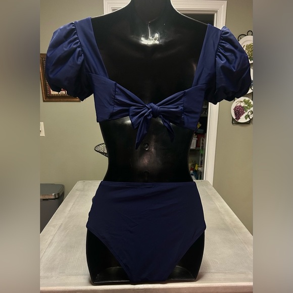 Women High Waisted 2 Piece Swimsuits Puff Sleeve Top with Bikini Bottom Strappy - Picture 4 of 13